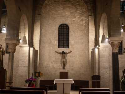 Camminando sul pavimento in pietra di Trani, ci avviciniamo all�altare maggiore. La sua decorazione appare essenziale, caratterizzata da una bianca ara in pietra poggiata su un basso gradino in marmo e �colorata� solo da fiori e candele rosa e viola alla sua sinistra